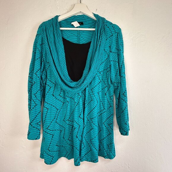 Yushi Womens Cowl Neck Textured Knit Tunic Top Large Blue Pullover 3/4 Sleeve - Picture 1 of 6